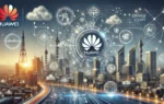 A modern landscape image representing the collaboration between Huawei and Orange Egypt on advanced telecommunications technology. The image should fe