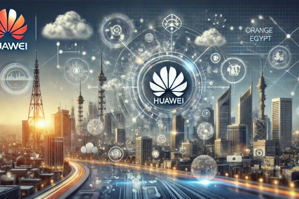 A modern landscape image representing the collaboration between Huawei and Orange Egypt on advanced telecommunications technology. The image should fe