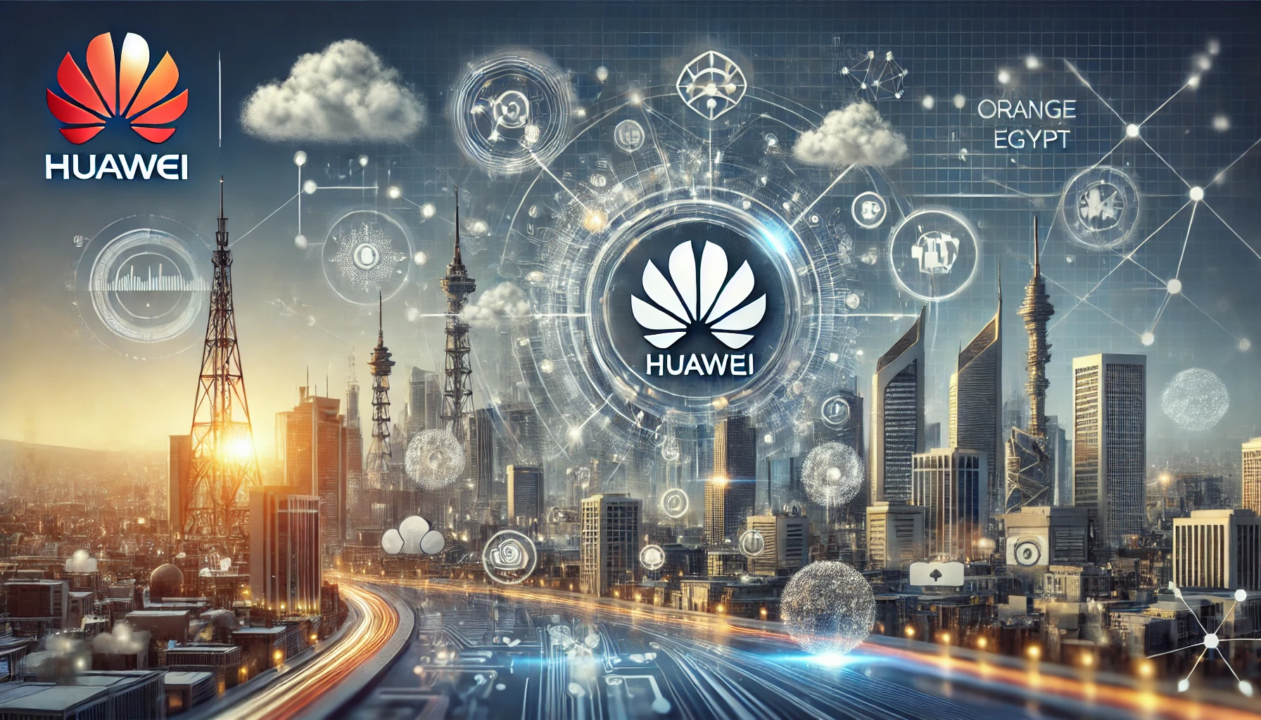 A modern landscape image representing the collaboration between Huawei and Orange Egypt on advanced telecommunications technology. The image should fe