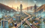 A modern landscape image representing the growth of telecommunications in Oman. The scene includes elements like fiber optic cables, 5G towers, and mo