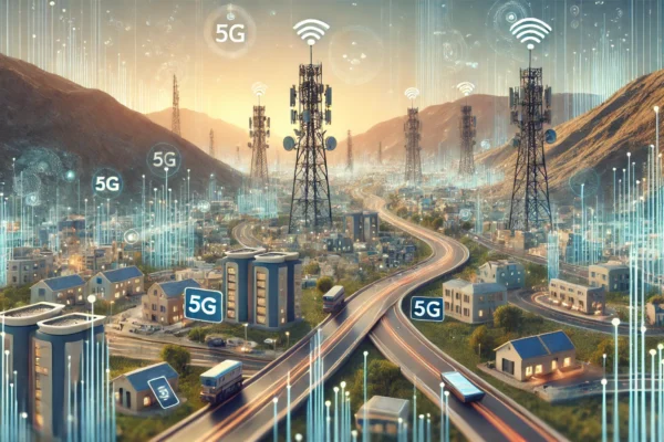 A modern landscape image representing the growth of telecommunications in Oman. The scene includes elements like fiber optic cables, 5G towers, and mo