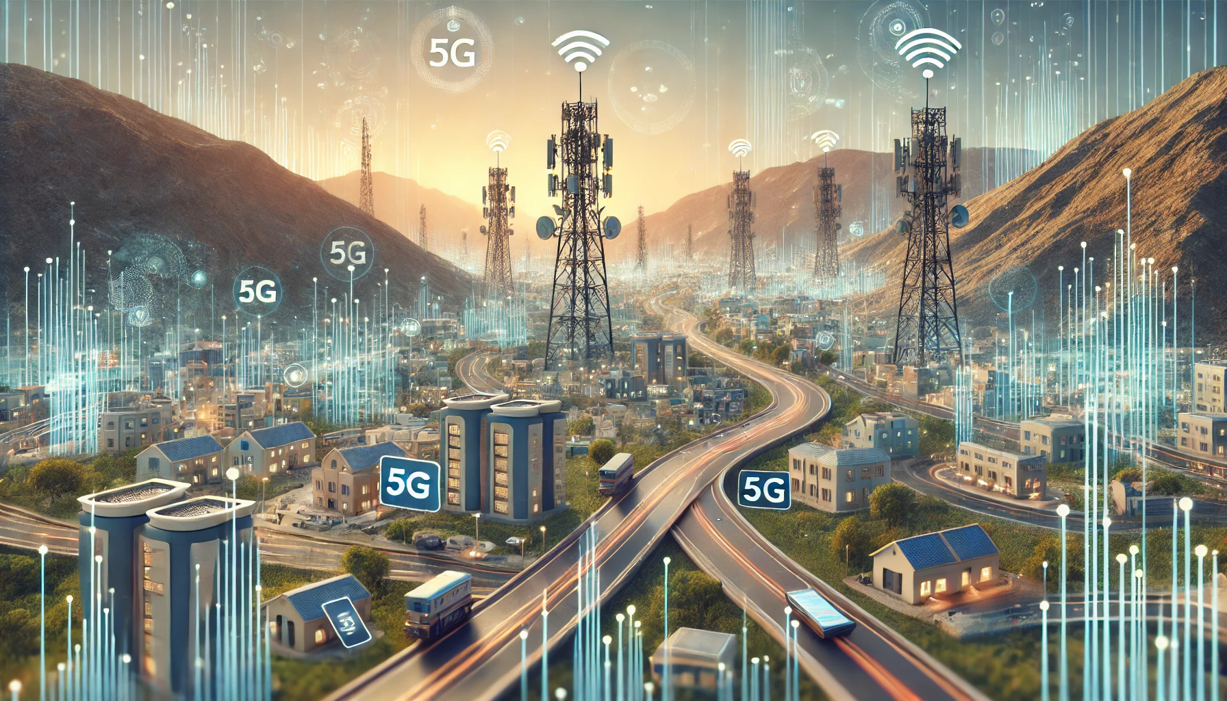 A modern landscape image representing the growth of telecommunications in Oman. The scene includes elements like fiber optic cables, 5G towers, and mo