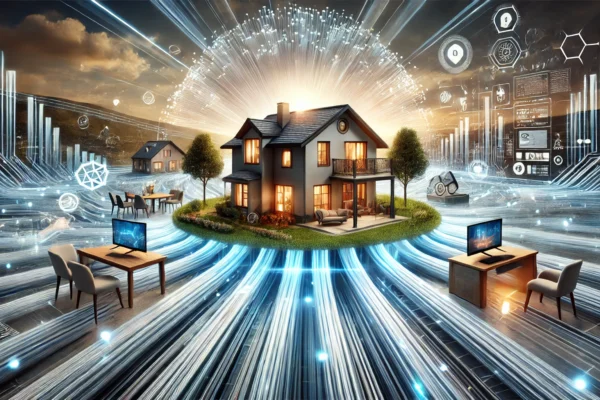 A modern and dynamic landscape image representing a high-speed Fibre-to-the-Room (FTTR) internet solution in a home setting. The scene shows fiber opt