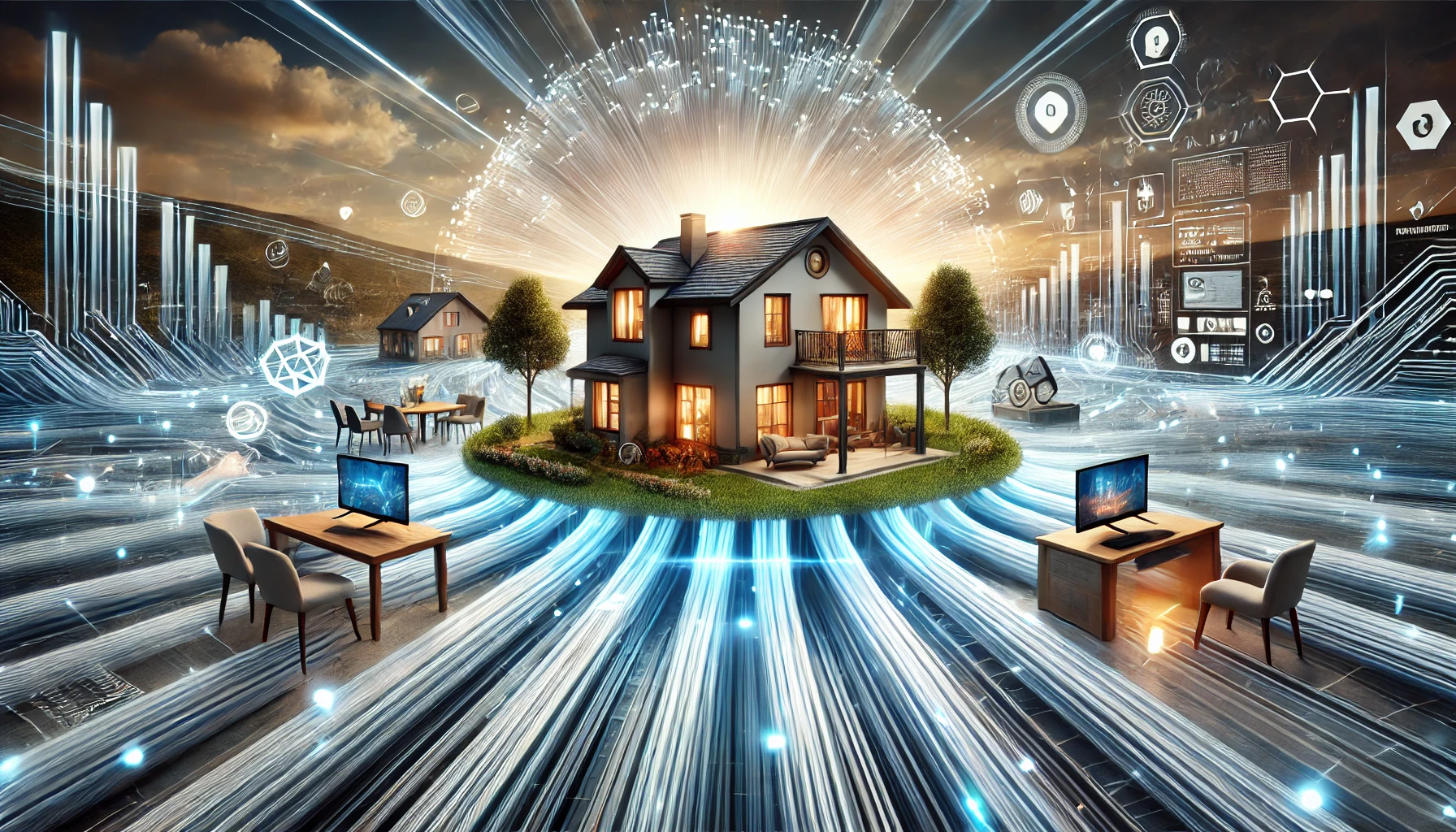 A modern and dynamic landscape image representing a high-speed Fibre-to-the-Room (FTTR) internet solution in a home setting. The scene shows fiber opt