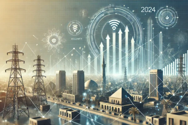 A modern landscape image representing Telecom Egypt's significant revenue growth and digital expansion in 2024. The scene features elements of advance