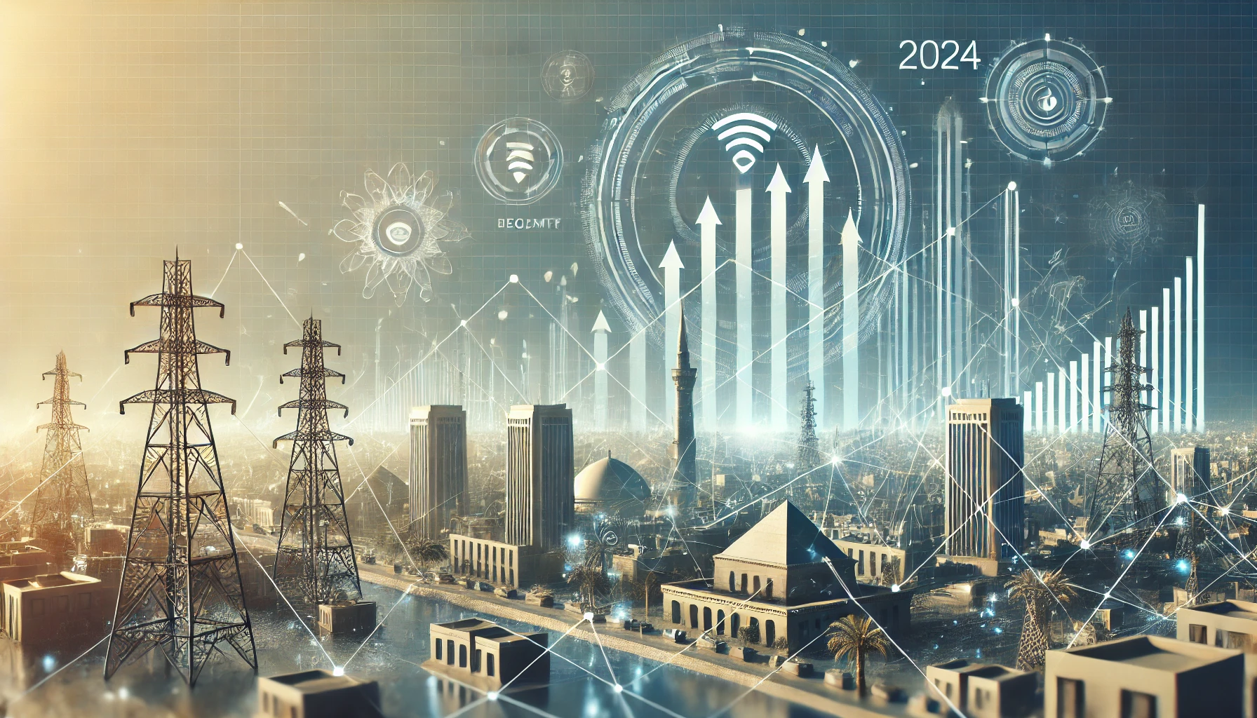 A modern landscape image representing Telecom Egypt's significant revenue growth and digital expansion in 2024. The scene features elements of advance