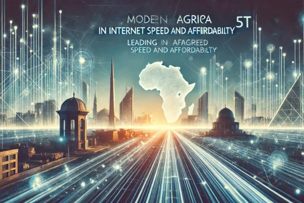 A modern landscape image representing Egypt's achievement in leading Africa in internet speed and affordability. The scene features elements like high