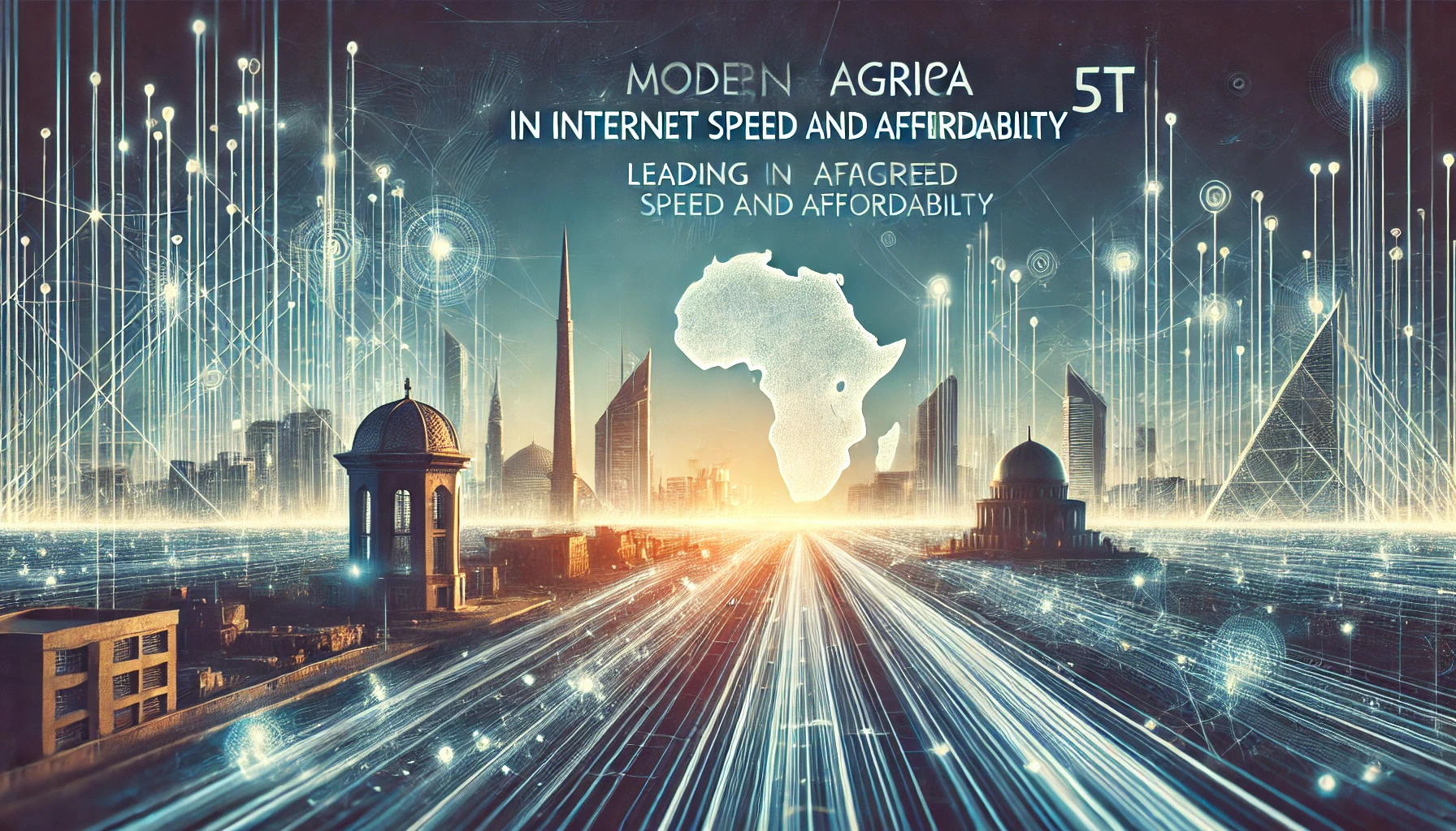 A modern landscape image representing Egypt's achievement in leading Africa in internet speed and affordability. The scene features elements like high