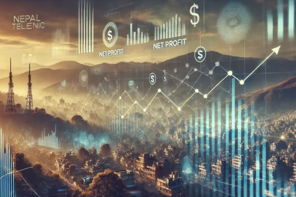 A modern landscape image representing Nepal Telecom's financial results, highlighting a decrease in net profit and revenue. The scene includes abstract