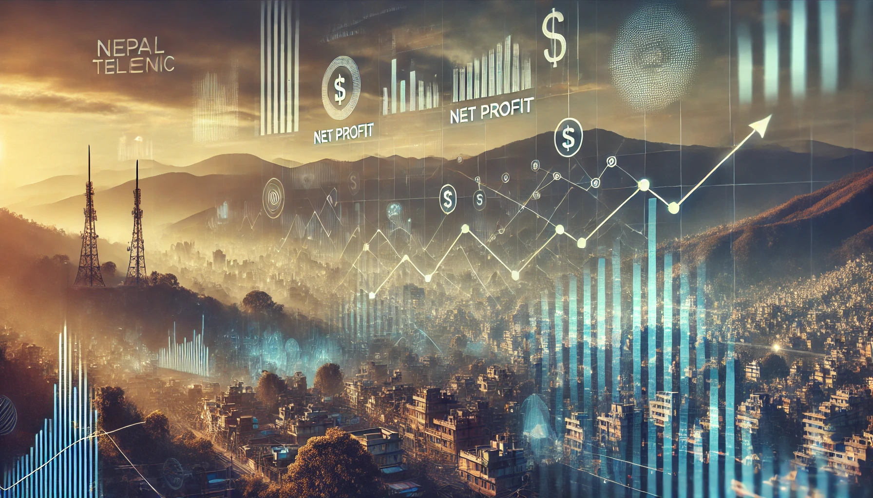 A modern landscape image representing Nepal Telecom's financial results, highlighting a decrease in net profit and revenue. The scene includes abstract