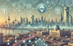 A modern landscape image representing the partnership between Tether and Kuwait's Kem App, focusing on digital finance and financial inclusion in the