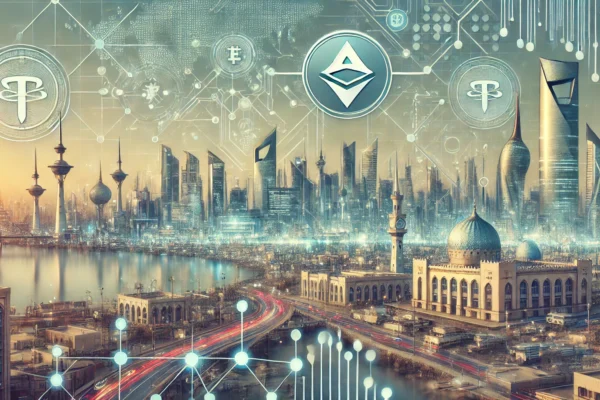 A modern landscape image representing the partnership between Tether and Kuwait's Kem App, focusing on digital finance and financial inclusion in the