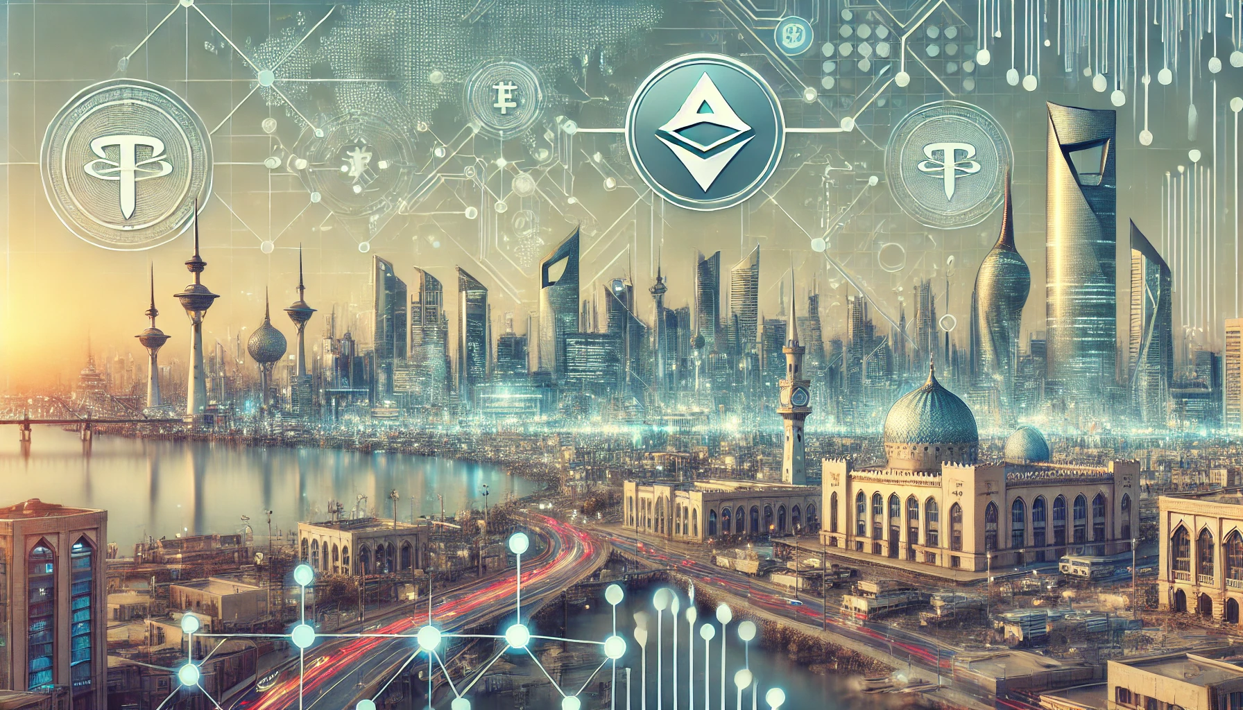 A modern landscape image representing the partnership between Tether and Kuwait's Kem App, focusing on digital finance and financial inclusion in the