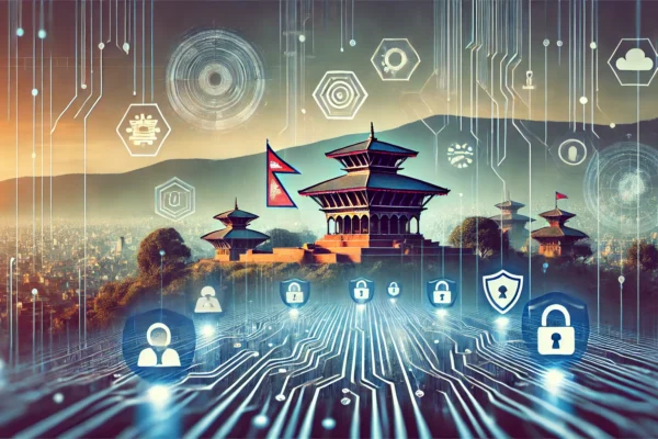 A modern landscape image representing cybersecurity education and policy development in Nepal. The scene includes elements like digital shields, secure