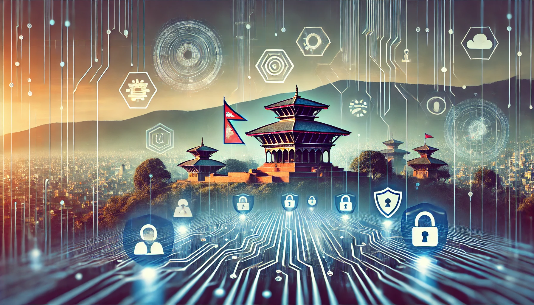 A modern landscape image representing cybersecurity education and policy development in Nepal. The scene includes elements like digital shields, secure