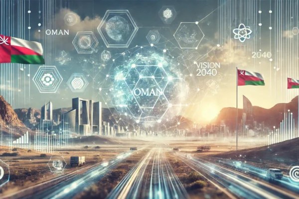 A modern and dynamic landscape image representing Oman's upcoming Open Data Platform launch. The scene features abstract elements of digital data, con