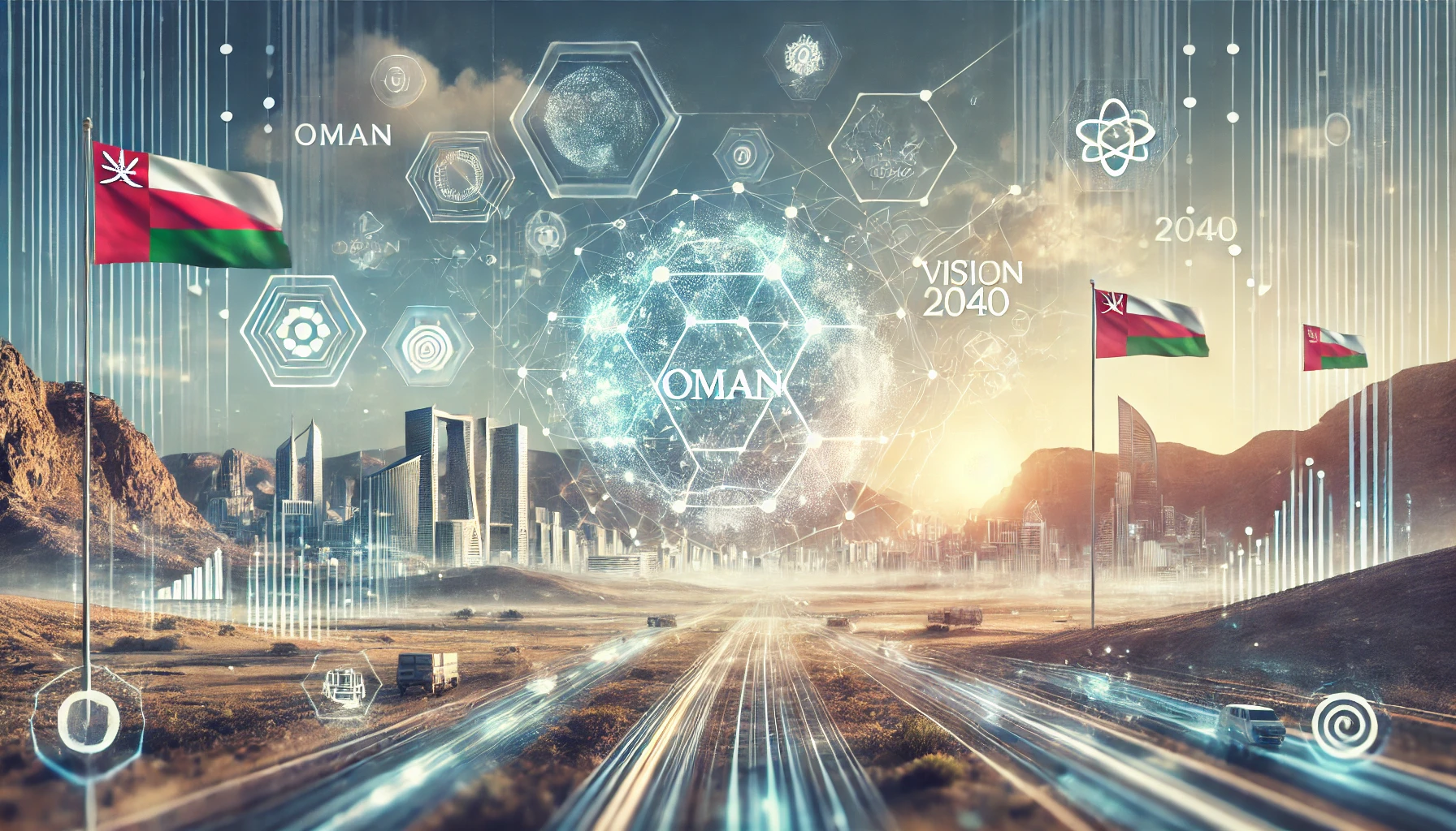 A modern and dynamic landscape image representing Oman's upcoming Open Data Platform launch. The scene features abstract elements of digital data, con