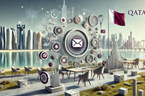 A modern landscape image representing Qatar's initiative to enhance the postal services sector through public consultations. The scene features abstract