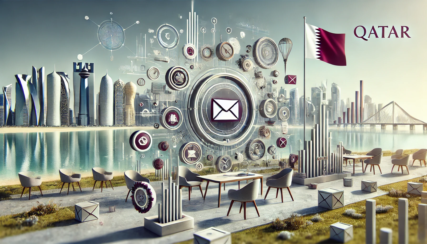 A modern landscape image representing Qatar's initiative to enhance the postal services sector through public consultations. The scene features abstract