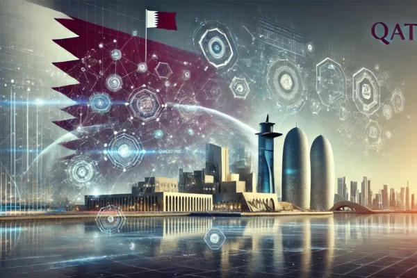 A modern and dynamic landscape image representing Qatar's advancement in quantum communication technology. The scene includes abstract representations