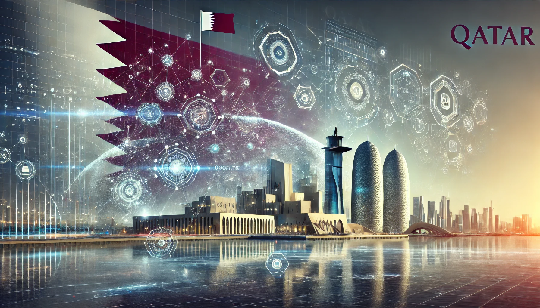 A modern and dynamic landscape image representing Qatar's advancement in quantum communication technology. The scene includes abstract representations