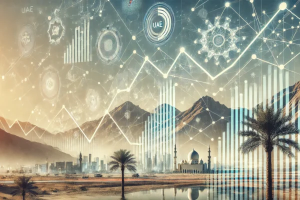 A modern and dynamic landscape image representing the growth and expansion of a UAE-based FinTech company. The scene includes abstract representations