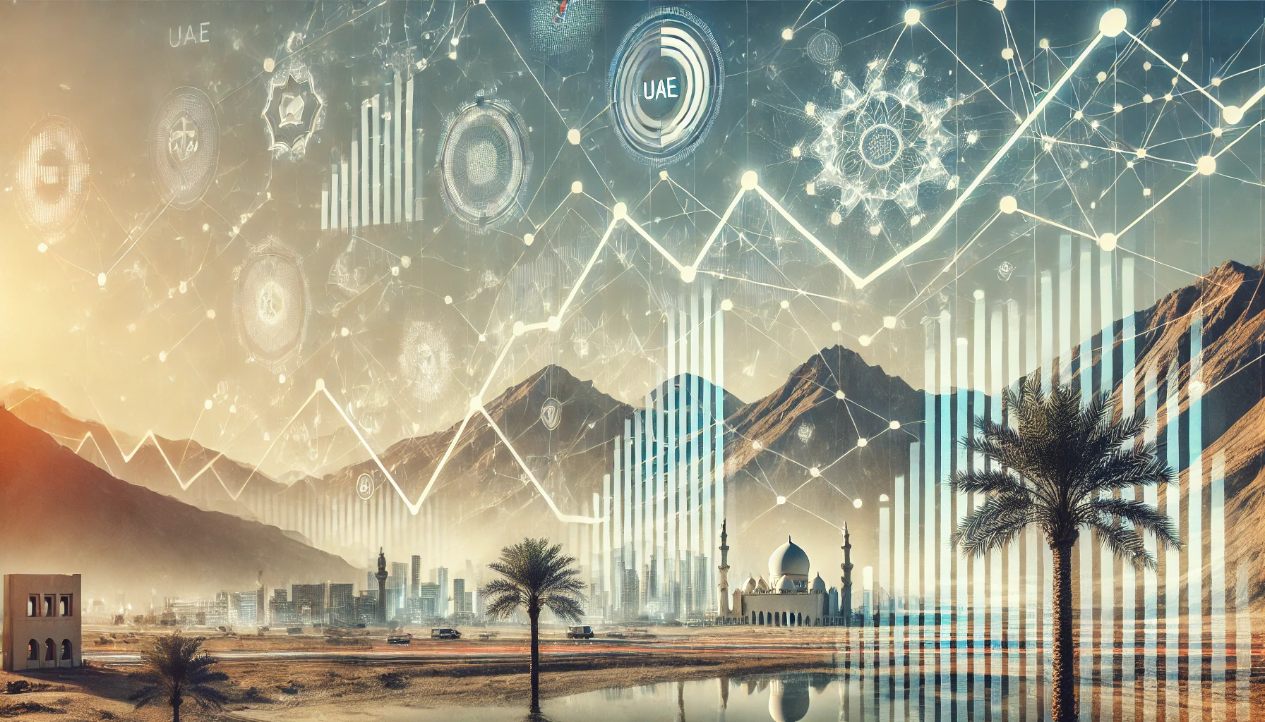 A modern and dynamic landscape image representing the growth and expansion of a UAE-based FinTech company. The scene includes abstract representations