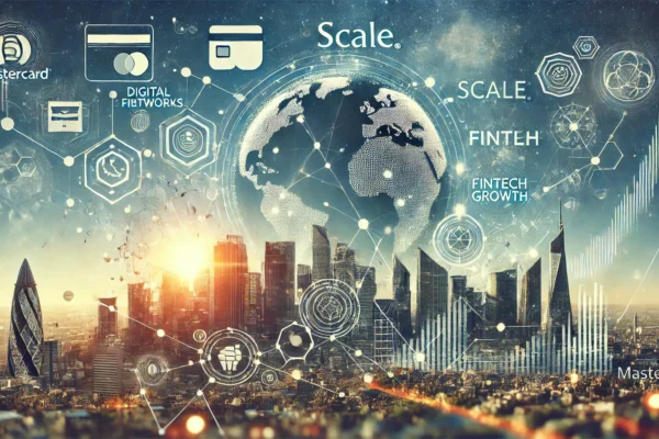 A modern landscape image representing the collaboration between Mastercard and Scale to accelerate fintech growth. The scene features abstract represent