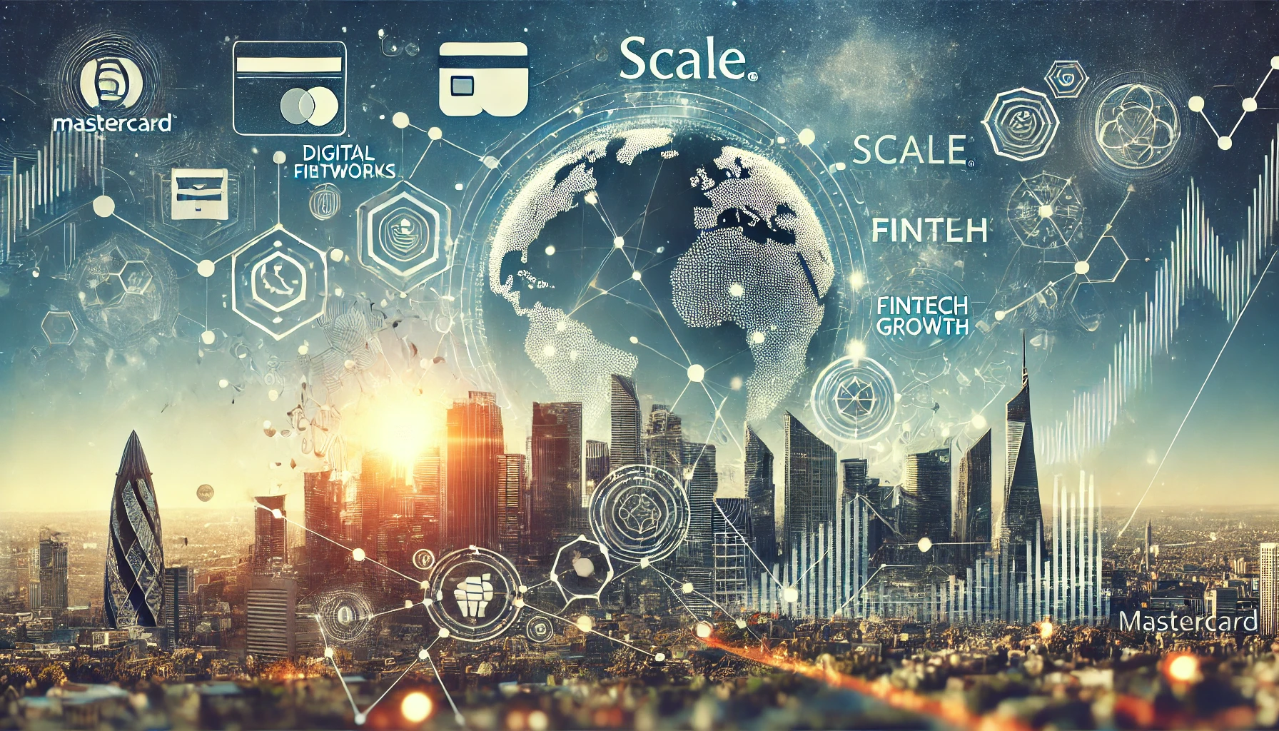 A modern landscape image representing the collaboration between Mastercard and Scale to accelerate fintech growth. The scene features abstract represent