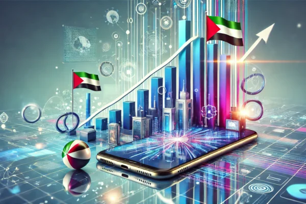 A modern and dynamic landscape image representing the growth of smartphone shipments in the Middle East. The scene features abstract representations o