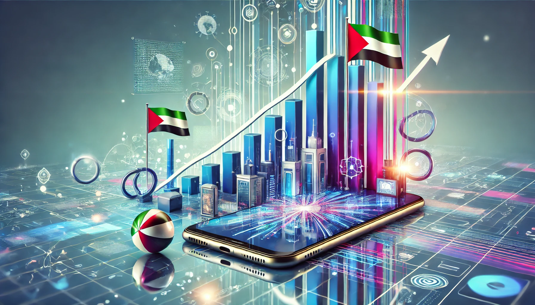 A modern and dynamic landscape image representing the growth of smartphone shipments in the Middle East. The scene features abstract representations o