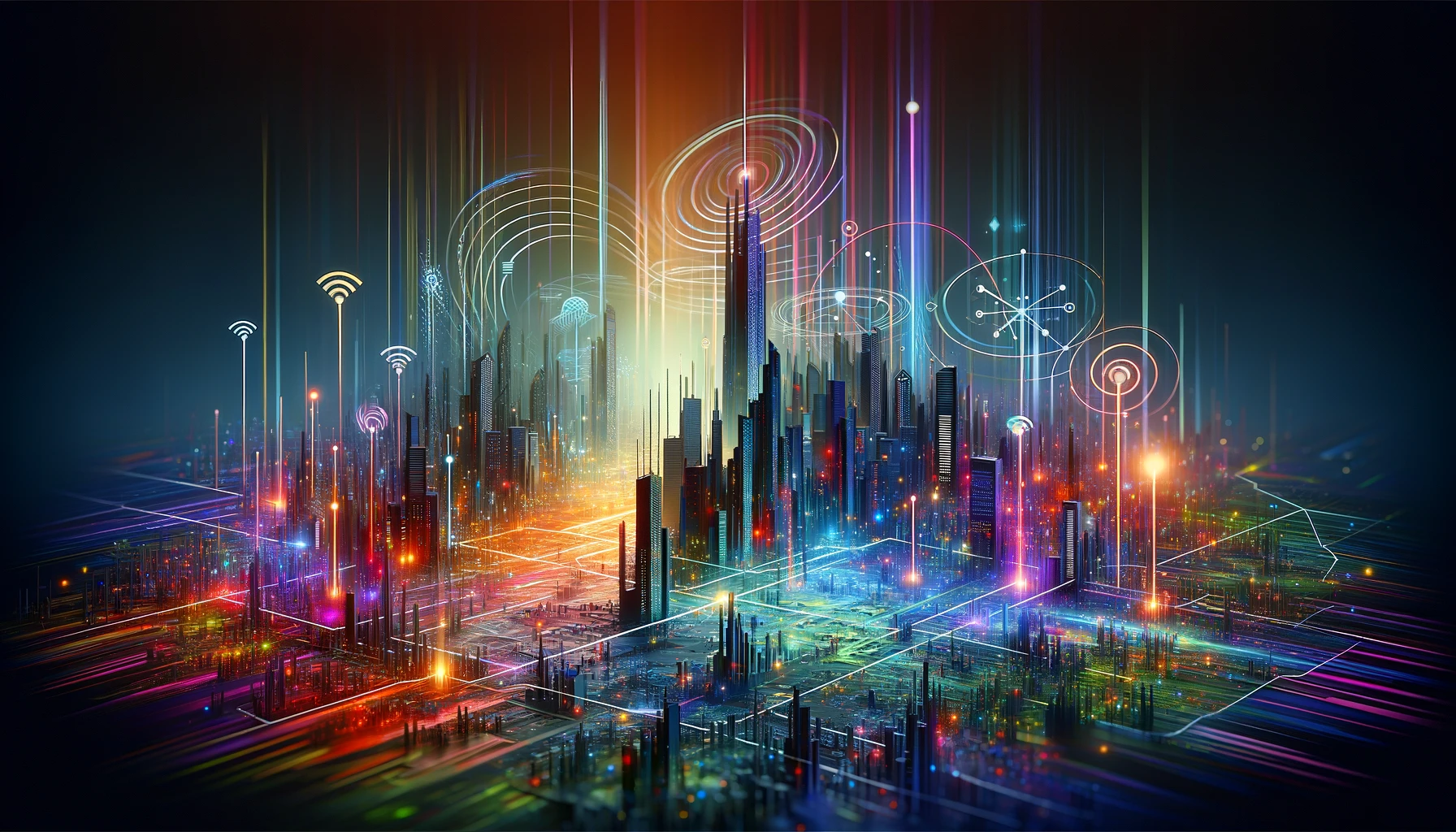 A modern and dynamic landscape image representing the expansion of telecom services in Bangladesh. The scene features abstract representations of digital