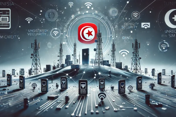 A modern and dynamic landscape image representing Tunisia's efforts to regulate SIM card usage and combat cybercrime. The scene features abstract element