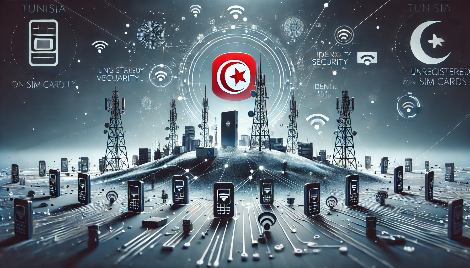 A modern and dynamic landscape image representing Tunisia's efforts to regulate SIM card usage and combat cybercrime. The scene features abstract element