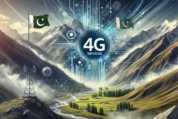 A modern landscape image representing the launch of 4G services in the scenic region of Hunza, Gilgit-Baltistan. The image features abstract represent