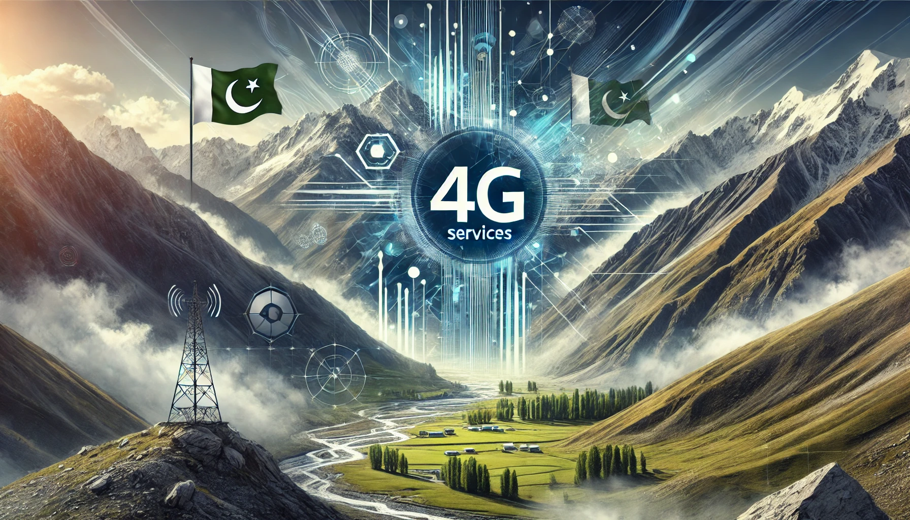 A modern landscape image representing the launch of 4G services in the scenic region of Hunza, Gilgit-Baltistan. The image features abstract represent