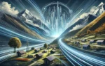 A modern landscape image representing the expansion of high-speed fiber internet in Taplejung, Nepal. The scene includes abstract representations of d