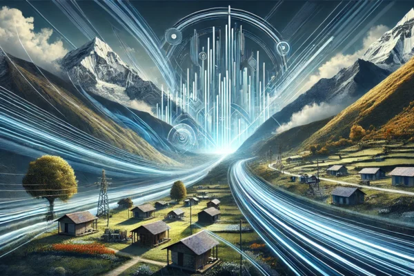 A modern landscape image representing the expansion of high-speed fiber internet in Taplejung, Nepal. The scene includes abstract representations of d