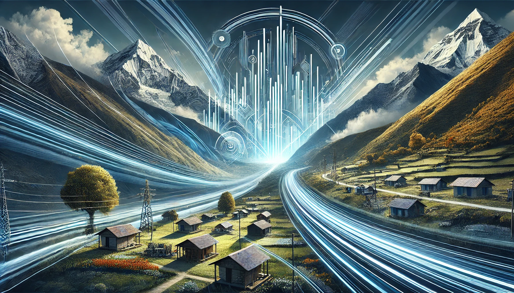 A modern landscape image representing the expansion of high-speed fiber internet in Taplejung, Nepal. The scene includes abstract representations of d