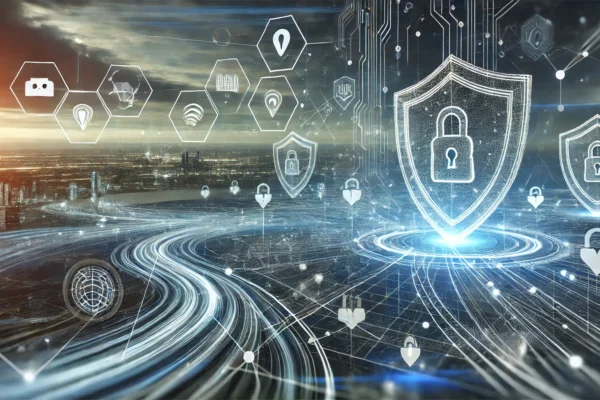 A modern and dynamic landscape image representing a partnership in telecom security. The scene features abstract elements of digital networks, security