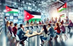 A modern educational setting with a group of young Jordanian leaders participating in a workshop. The environment should be dynamic and interactive, s