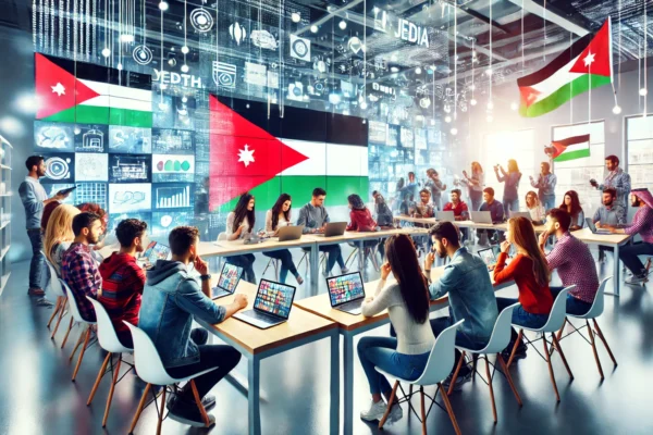 A modern educational setting with a group of young Jordanian leaders participating in a workshop. The environment should be dynamic and interactive, s