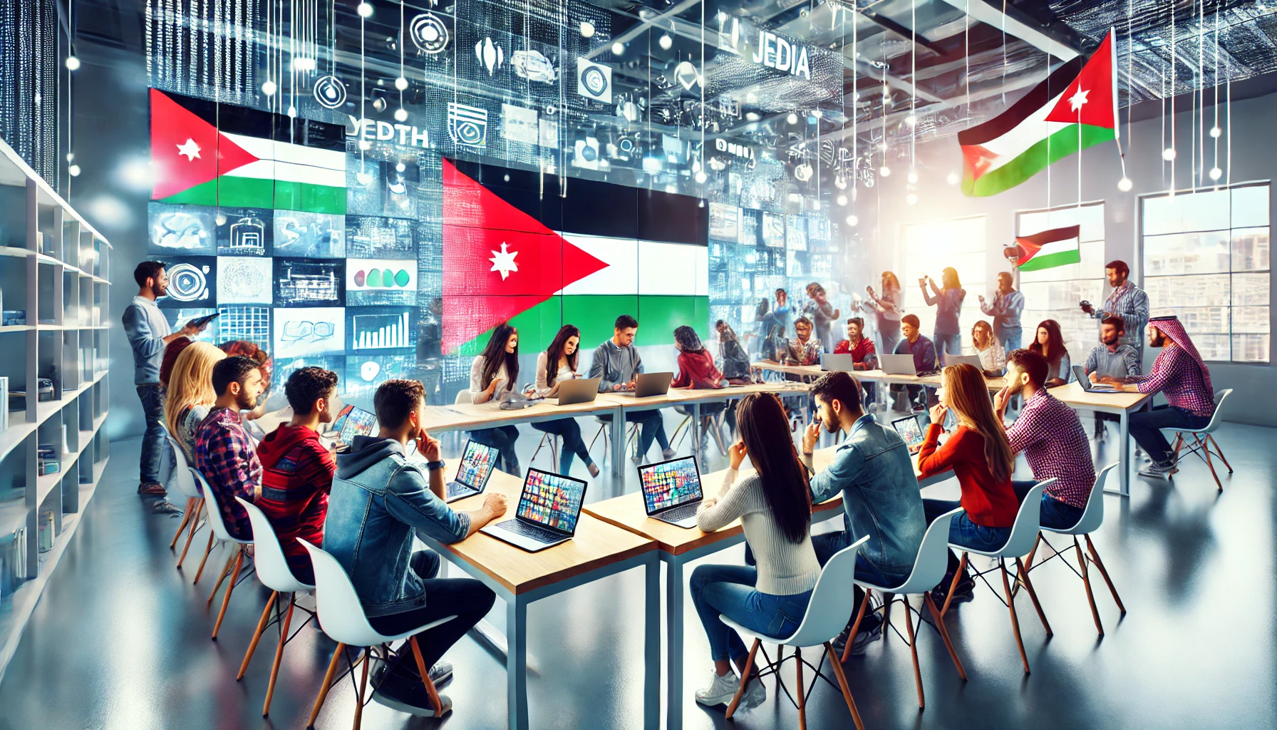 A modern educational setting with a group of young Jordanian leaders participating in a workshop. The environment should be dynamic and interactive, s