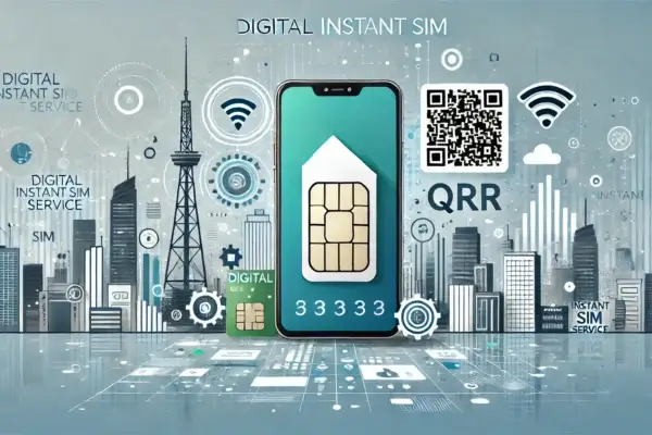 landscape image representing the launch of a digital Instant SIM service. The image should feature elements like a smartphone with a SIM card,