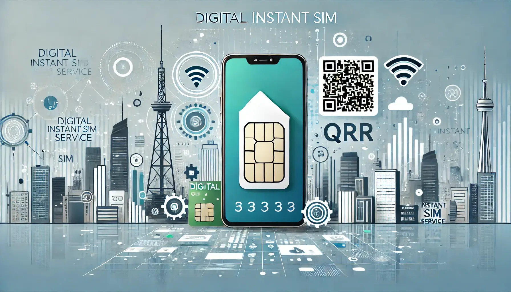 landscape image representing the launch of a digital Instant SIM service. The image should feature elements like a smartphone with a SIM card,